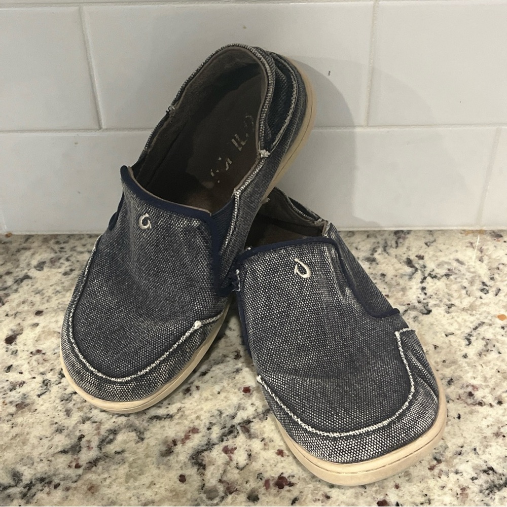 Kids Olukai Nohea Lole Navy/Gray Denim Canvas Slip On Shoes Size 13K 30136-DEDE